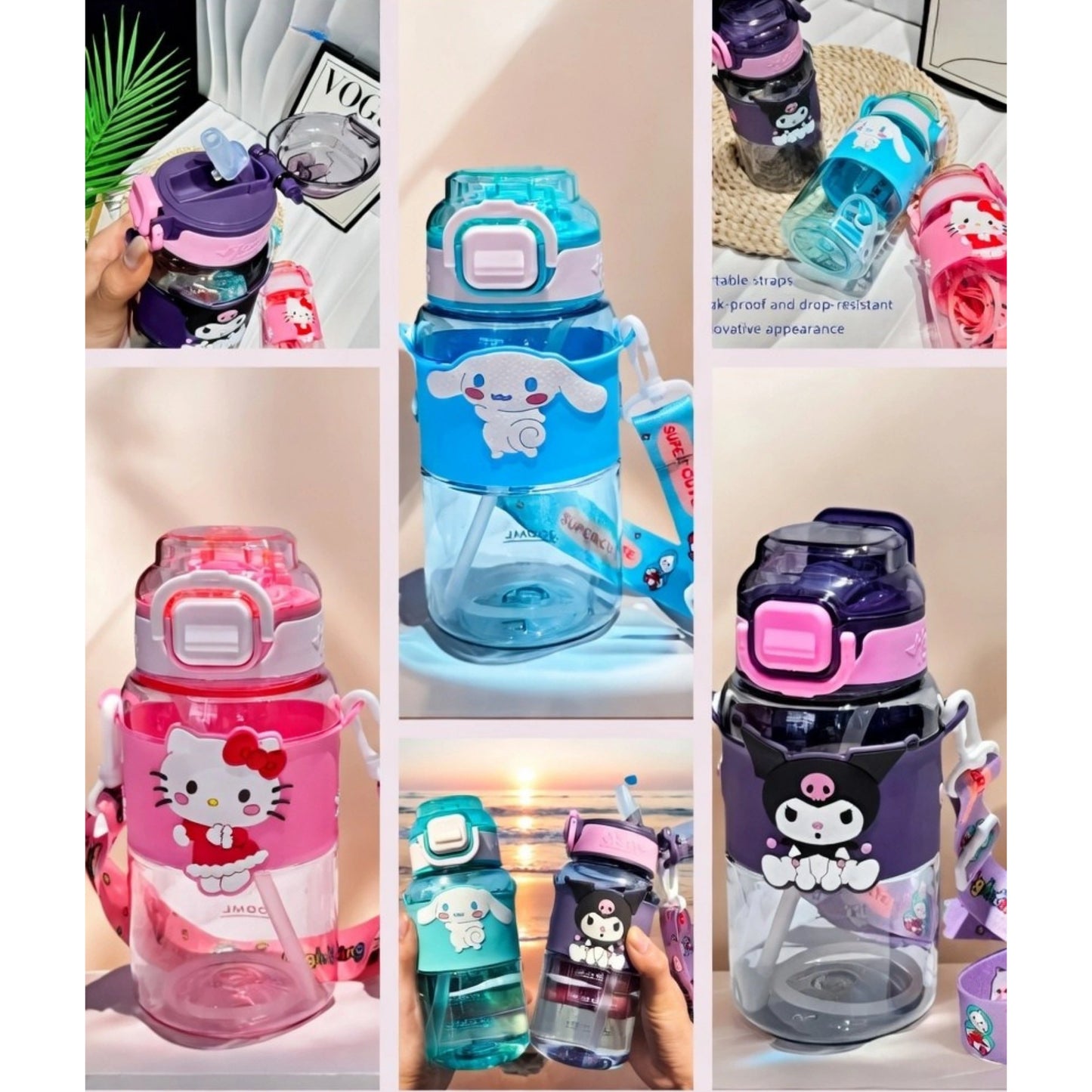 Cute Cartoon Kids Sipper Bottle with Straw & Strap