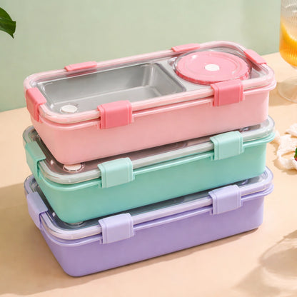 Stainless Steel 2 Compartment Lunch Box with Sauce Cup