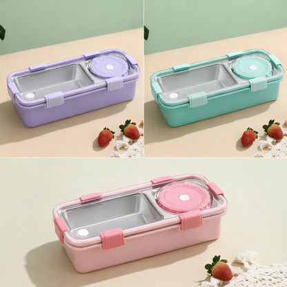 Stainless Steel 2 Compartment Lunch Box with Sauce Cup