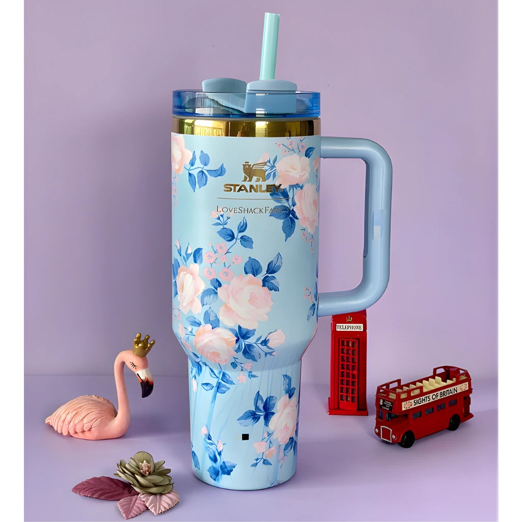 Floral Insulated Tumbler with Handle & Straw