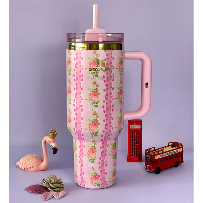 Floral Insulated Tumbler with Handle & Straw