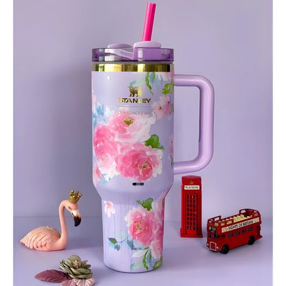 Floral Insulated Tumbler with Handle & Straw