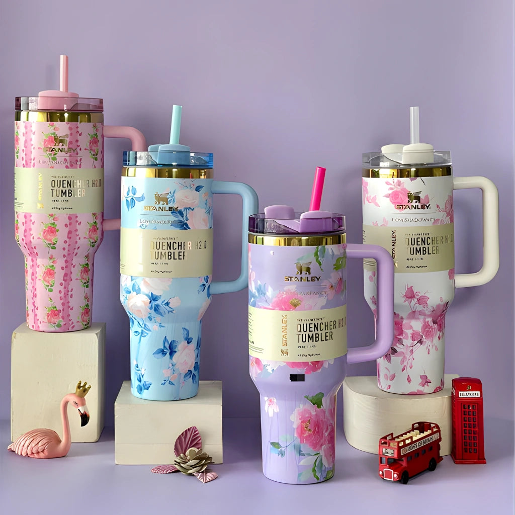 Floral Insulated Tumbler with Handle & Straw
