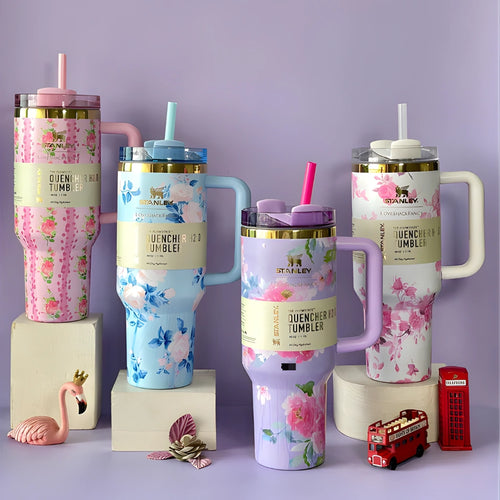 Floral Insulated Tumbler with Handle & Straw