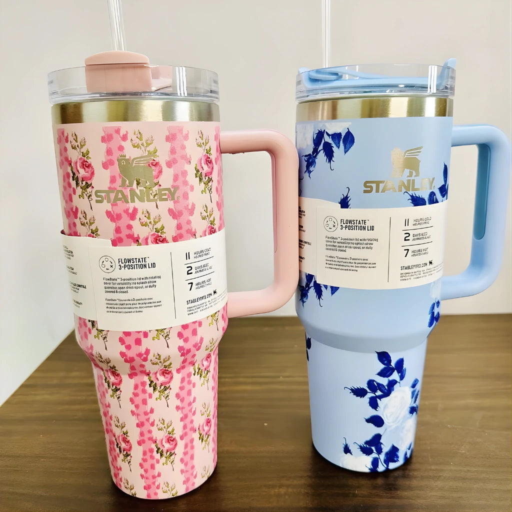 Floral Insulated Tumbler with Handle & Straw