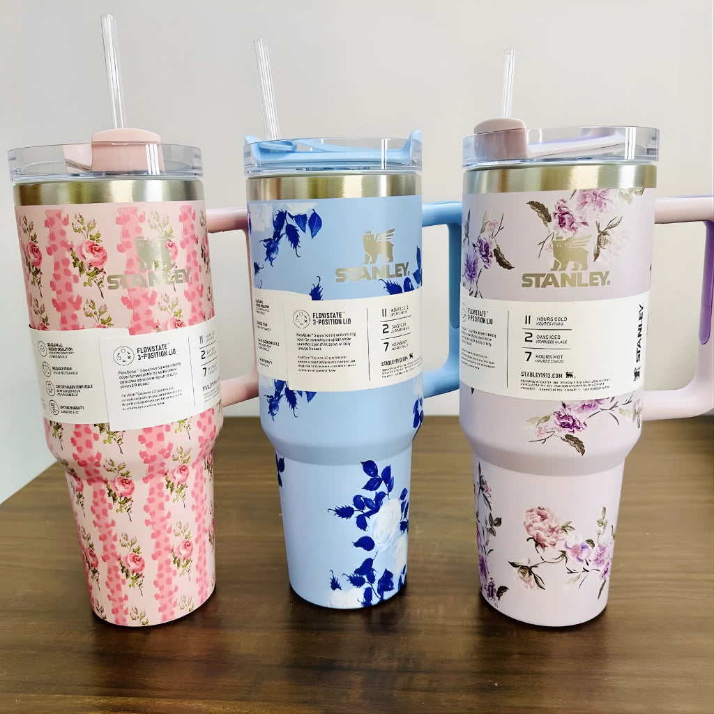 Floral Insulated Tumbler with Handle & Straw