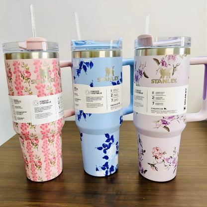 Floral Insulated Tumbler with Handle & Straw