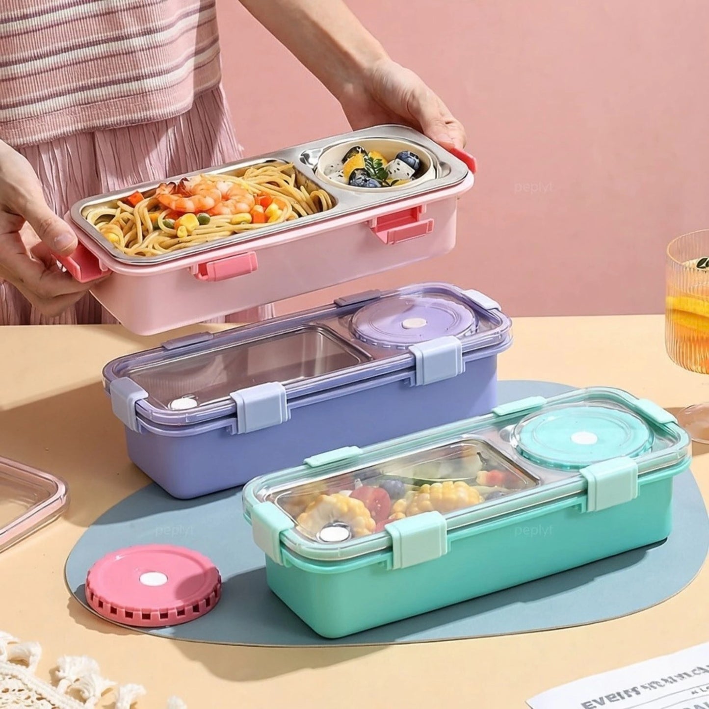 Stainless Steel 2 Compartment Lunch Box with Sauce Cup