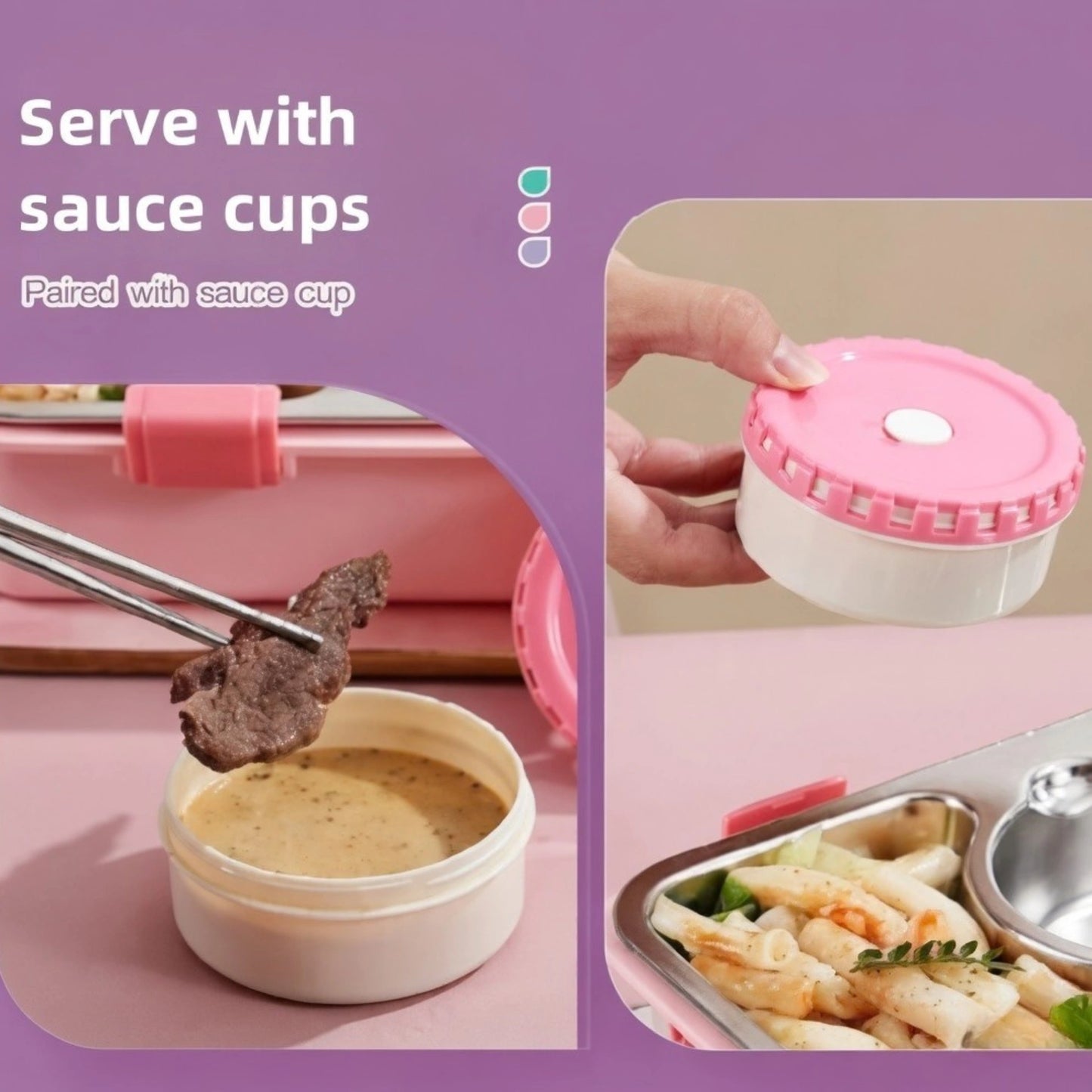 Stainless Steel 2 Compartment Lunch Box with Sauce Cup