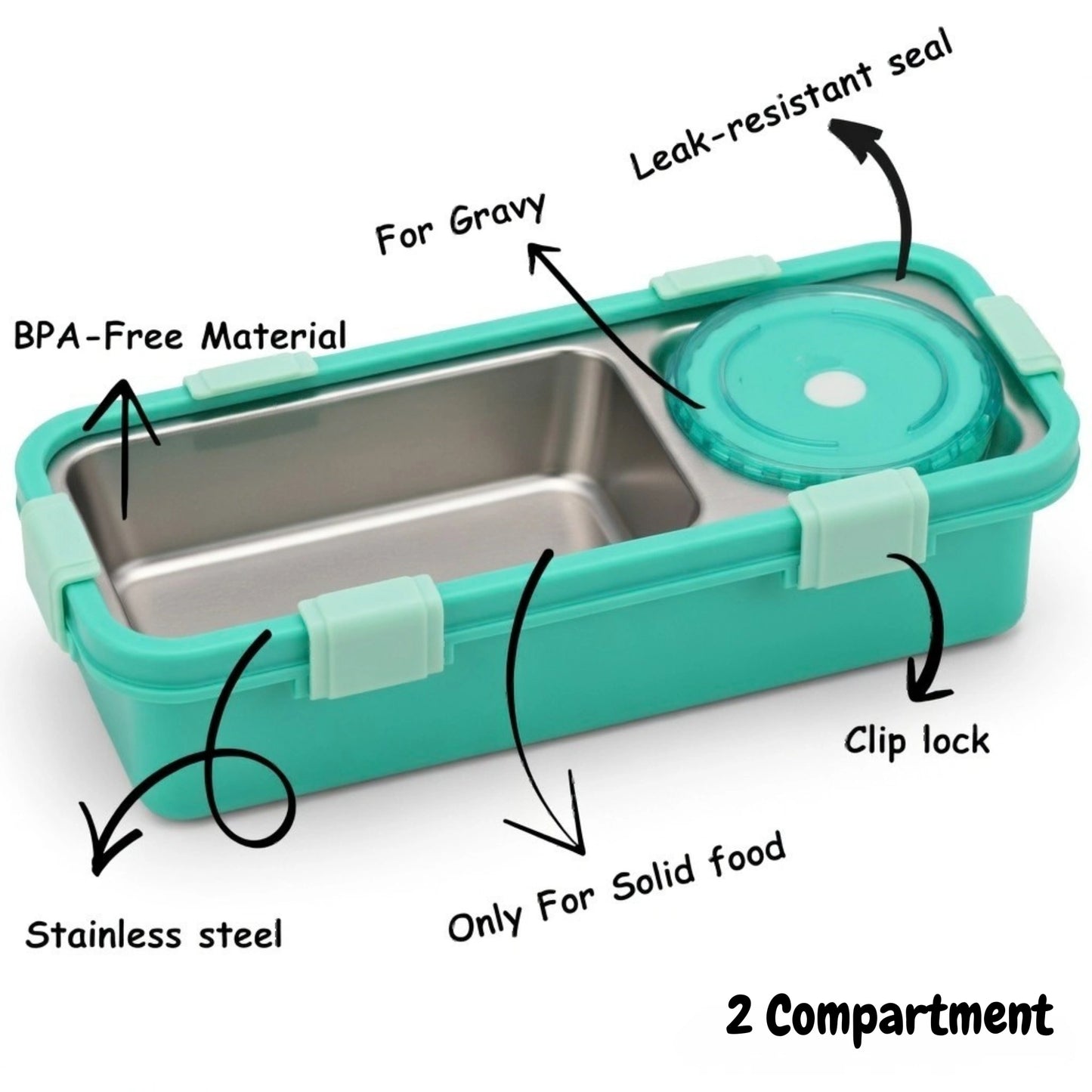 Stainless Steel 2 Compartment Lunch Box with Sauce Cup