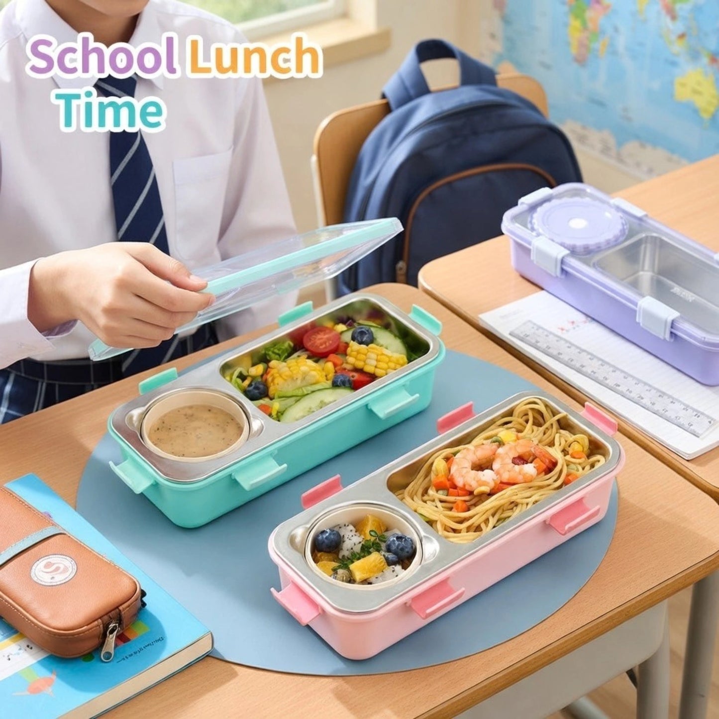 Stainless Steel 2 Compartment Lunch Box with Sauce Cup