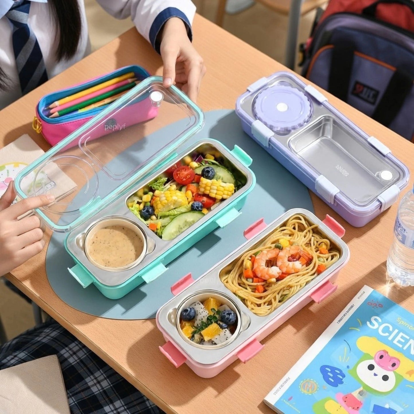 Stainless Steel 2 Compartment Lunch Box with Sauce Cup