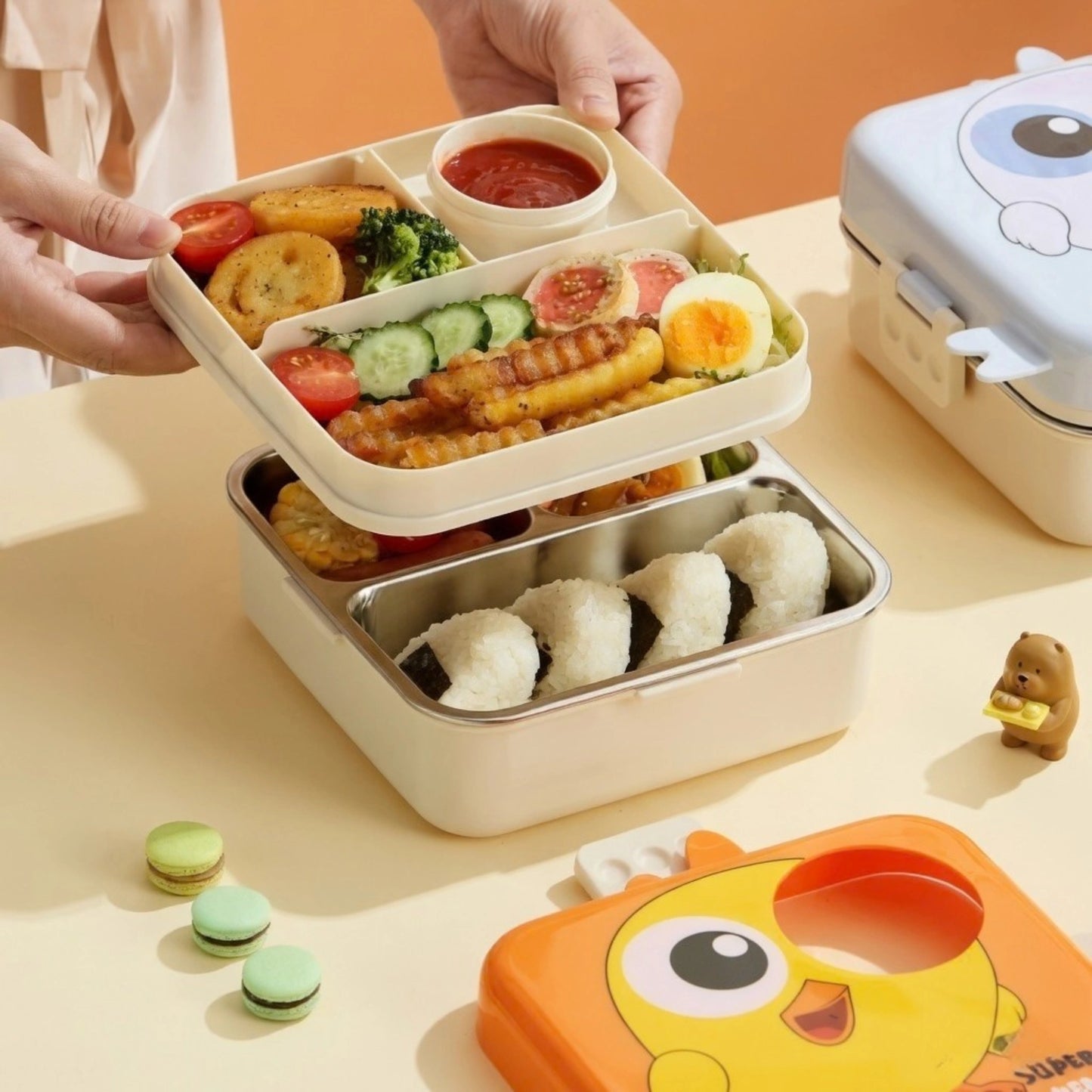 Cartoon Bento Lunch Box with Stainless Steel Tray